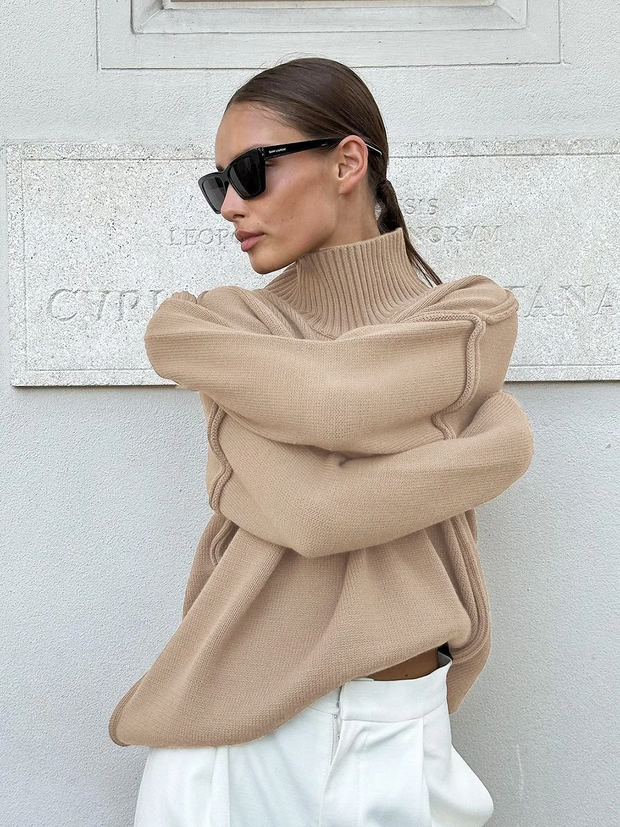 Bornladies Damen Einfarbiger Gestrickter Rollkragenpullover Herbst Winter Dicker Lockerer Lässiger Pullover Weiblicher Warmer Modischer Pullover – Detail 3