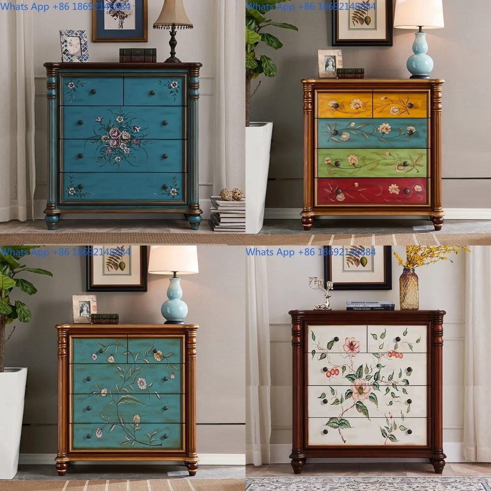 Wooden Painted Chest of Drawers Nightstand Entry Cabinet Five Drawer Storage Cabinet Rustic Bedroom Tall Cabinet