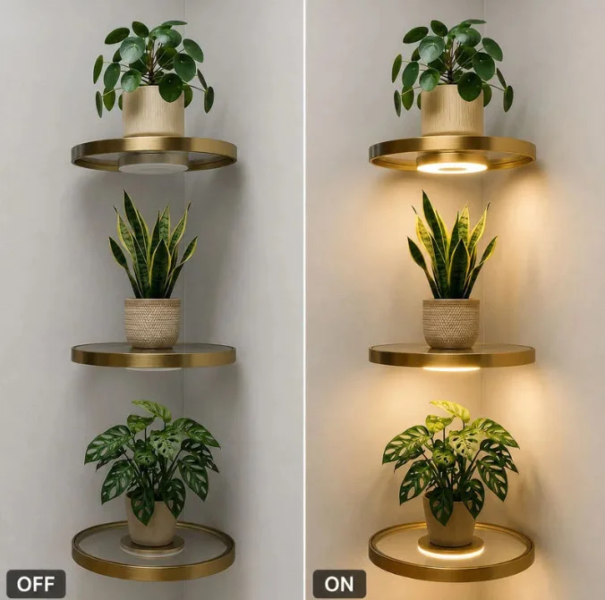 Golden Round Metal Floating Wall Shelf With Built In LED Ambient Light Wall Mounted Storage For Plants Living Room Bedroom Decor