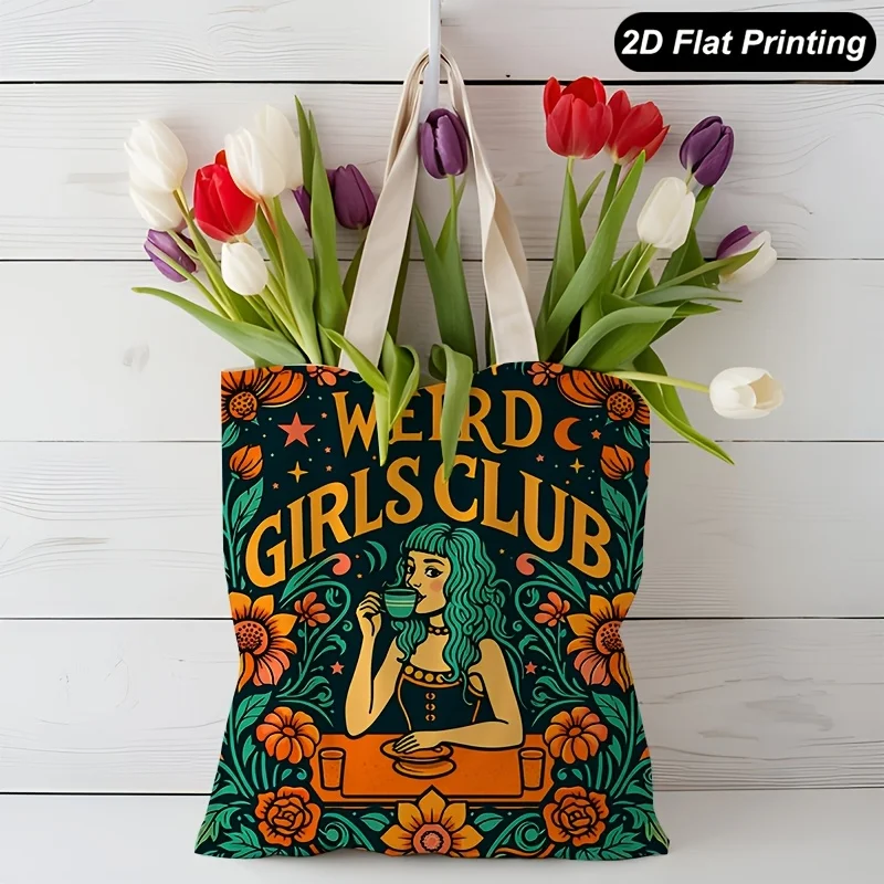 Weird Girls Club Retro Canvas Handbag Shoulder Bag, Commuter Canvas Bag, Portable Large Capacity Shopping Bags Friends Gift
