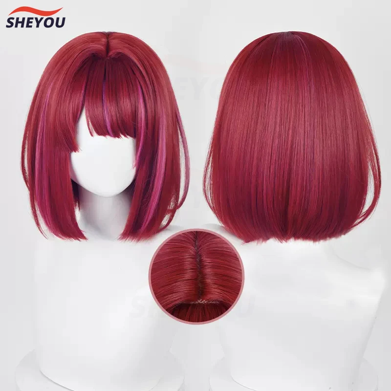 High Quality Arima Kana Cosplay Wig Anime Oshi No Ko Red Mixed Pink 30cm Short Heat Resistant Synthetic Hair Wigs + Free Wig Cap