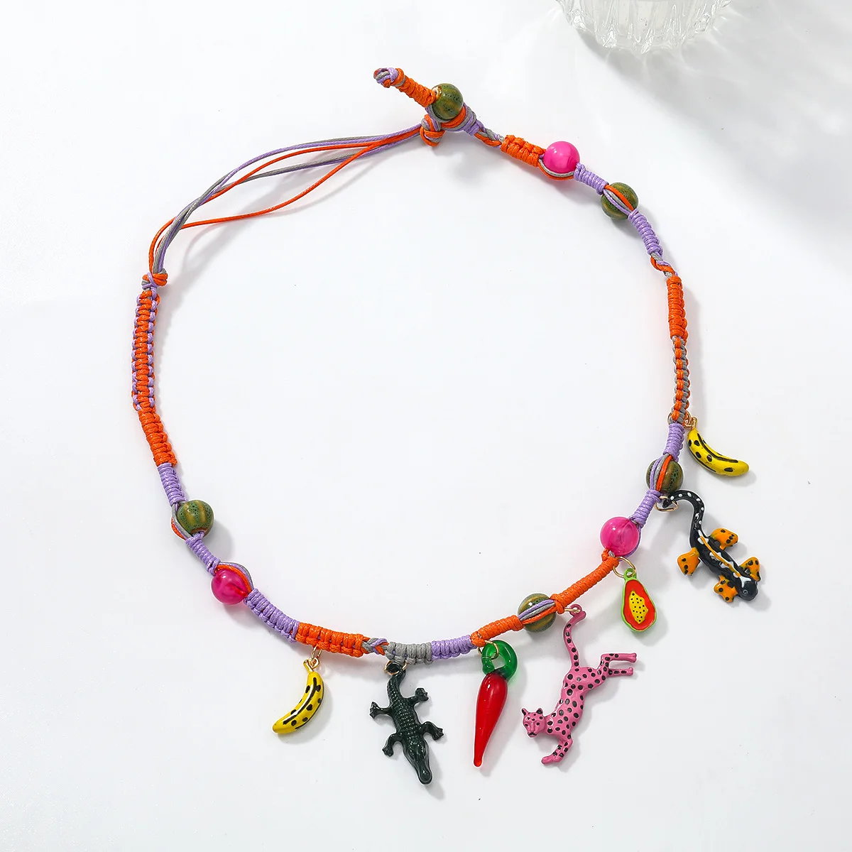 ZA contrasting color handwoven rope necklace banana pepper leopard crocodile little yellow duck multi-pendant beaded collarbone