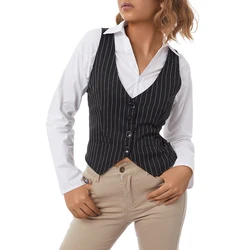 Women Button Up Suits Vest Waistcoat Solid Color/ Striped V-Neck Sleeveless Slim Blouse Vests for Summer Autumn Office Ladies