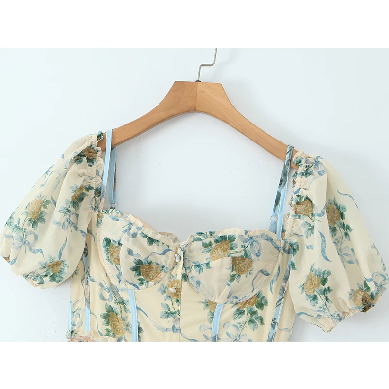 Jastie Patchwork imprimé fleuri Boho robes d'été femmes Vintage manches bouffantes a-ligne Midi Robe en mousseline de soie Chic dame Robe de vacances