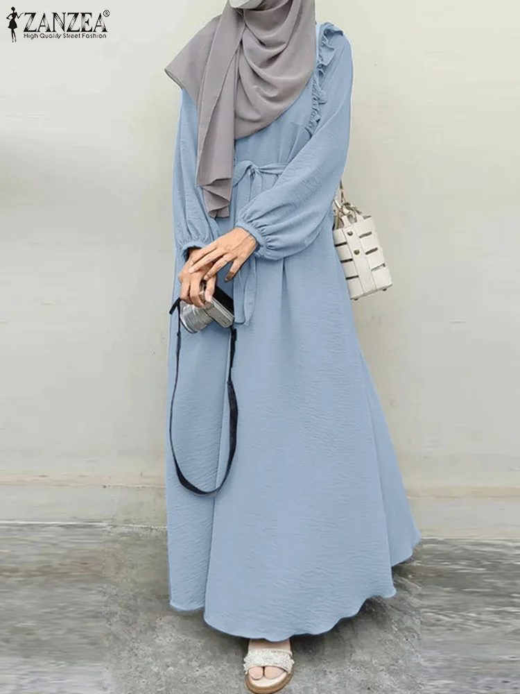 

Осеннее платье ZANZEA с длинным рукавом и оборками, Элегантный женский модный однотонный кафтан с круглым вырезом, сарафан Eid Mubarek, мусульманская абайя, макси-платье