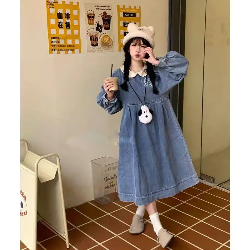 

Милое ковбойское платье Sanrio с вышивкой Hello Kitty и круглым вырезом для девочек, новая коллекция весна-осень, уютный комплект с топом с воротником-куклой