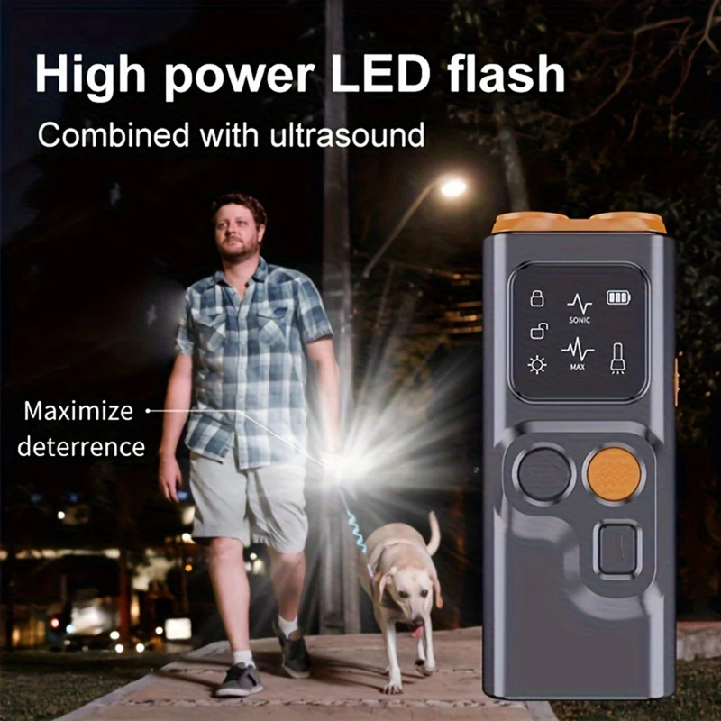 USB Rechargeable Sonic Dog Repeller With Dual Ultrasonic Emitter And High-Frequency LED Flashlight, Anti-Barking Device