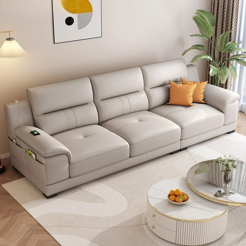 أريكة جلدية فاخرة خفيفة، أريكة شقة حديثة بسيطة وصغيرة من جلد البقر من الطبقة الأولى #2