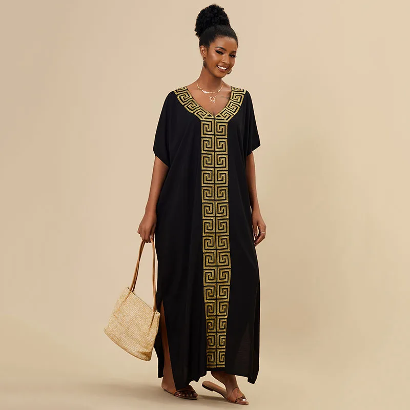 Gold Embroidered Beach Cover Up Dress for Women Cotton Lace Sun Protection Oversized Swimsuit Wrap Vacation Bikini