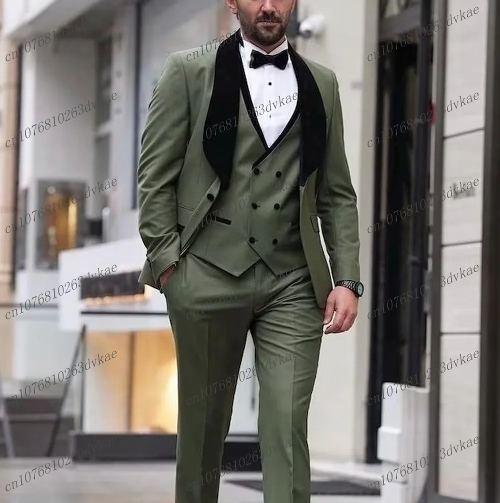 

Black Collar Army Green Formal Business Men Suit Groom Groomsman Wedding Party Prom Male Tuxedos 3 Piece Set Blazer Vest Pants