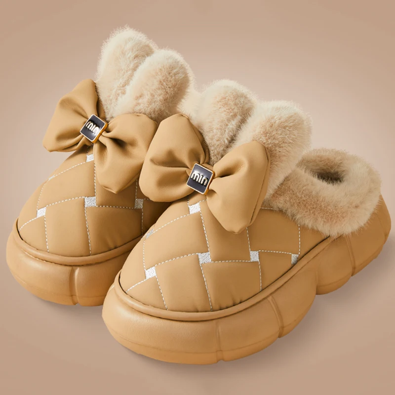 2024 Cute Bowknot Fur Slippers Women Winter Waterproof Thick Bottom Cotton Padded Shoes Woman Platform Warm Plush Slides Shoes