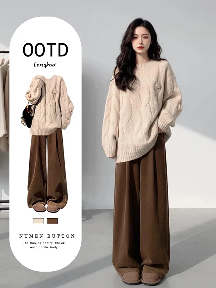 

plus Size Autumn Winter Casual Set Women's College Style Knitwear Sweater with Vintage Slimming Wide Leg Pants Two Piece Set