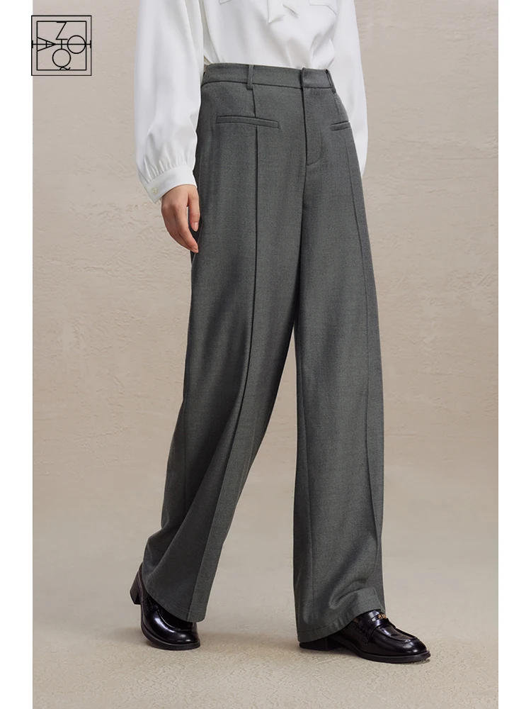 

ZIQIAO Commuter High-waisted Straight Pants for Women 2023 Winter Wide-leg Casual 15.9% Wool Floor-length Long Trousers Female