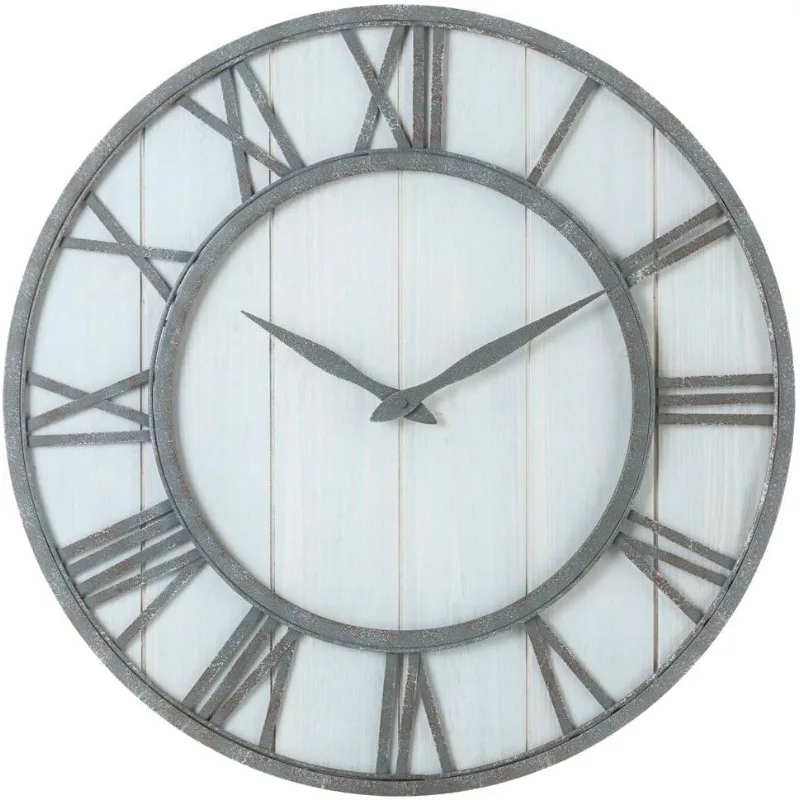 Oldtown Farmhouse Metal & Solid Wood Noiseless Wall Clock (Whitewash, 24-inch)