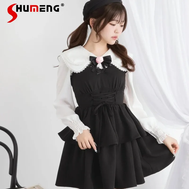 

Новая весенняя универсальная блузка Y2K с двойным слоем, воротником-куклой, объемным цветочным бантом, длинными рукавами, белая рубашка для женщин