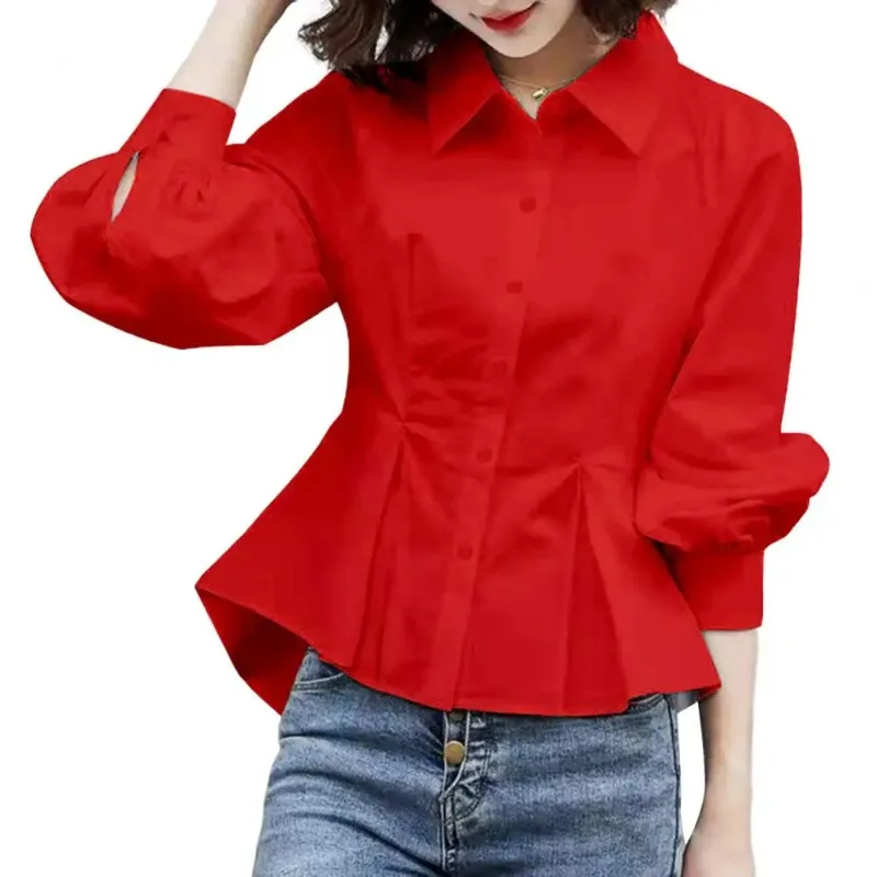 

Lady Shirt Spring Fall Blouse Big Hem OL Style Solid Color Women Office Shirt Collar Commute Lady Office Shirt Women Garment FRE