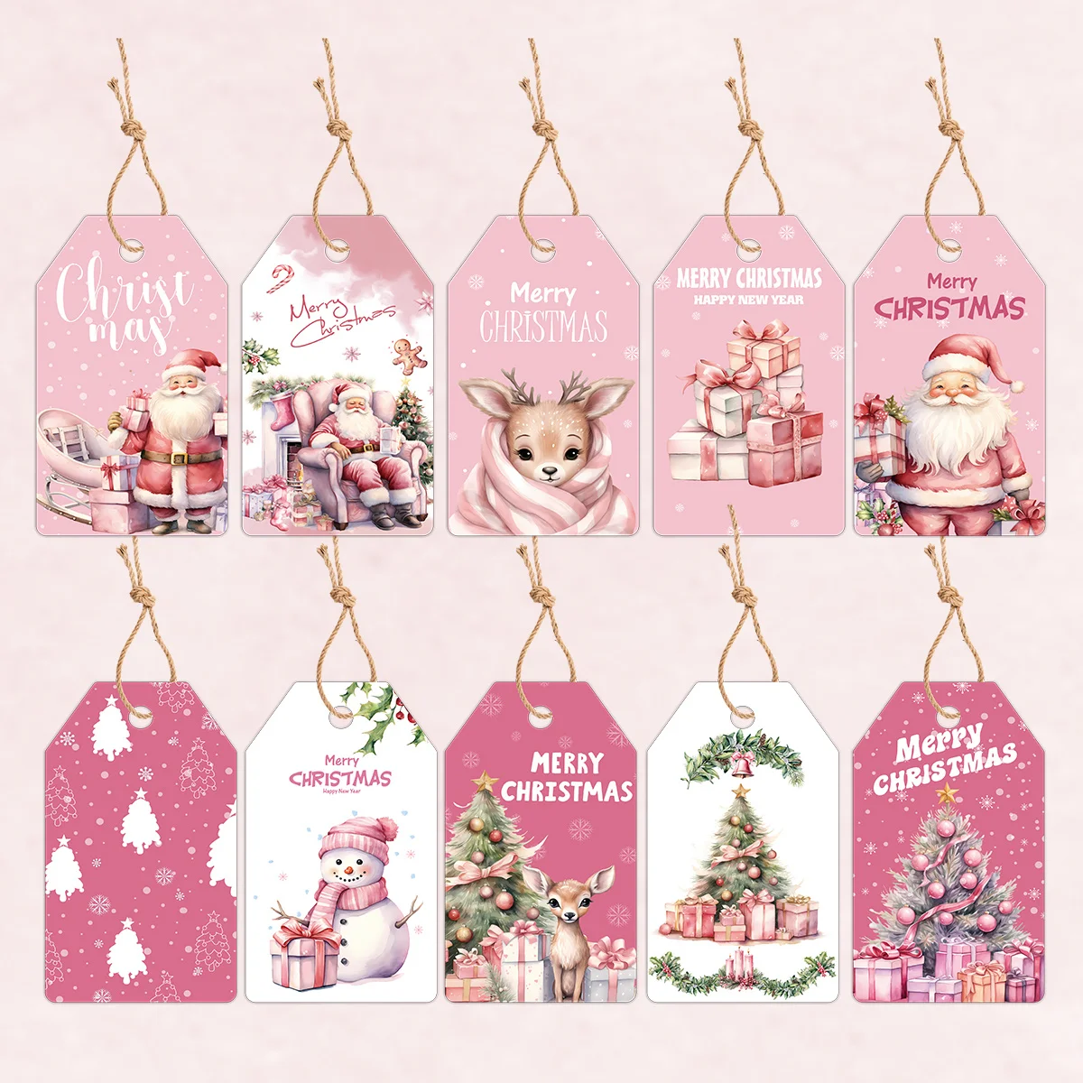 48Pcs Świąteczne zawieszki do zawieszania Różowa seria Święty Mikołaj Jeleń Papierowe etykiety na wesołe świąteczne dekoracje imprezowe DIY Prezenty do pakowania materiałów eksploatacyjnych
