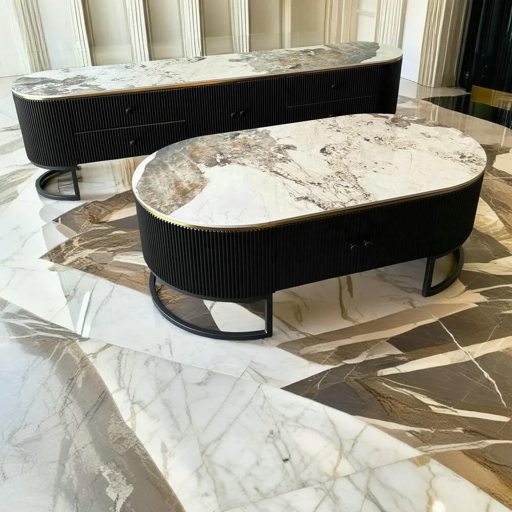 Moderne Wohnzimmermöbel, Steinplatte, schwarz, modischer Couchtisch, Aufbewahrungs-TV-Schrank aus Holz mit goldenem Edelstahl