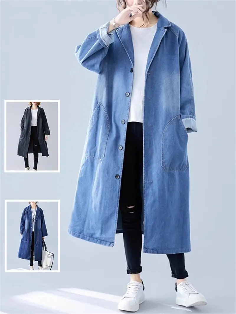 Vintage Denim Windbreaker Women's Jacket Spring And Autumn Korean Big Pocket Temperament Lapel Neck Long Jeans Blazer Coat Z2958