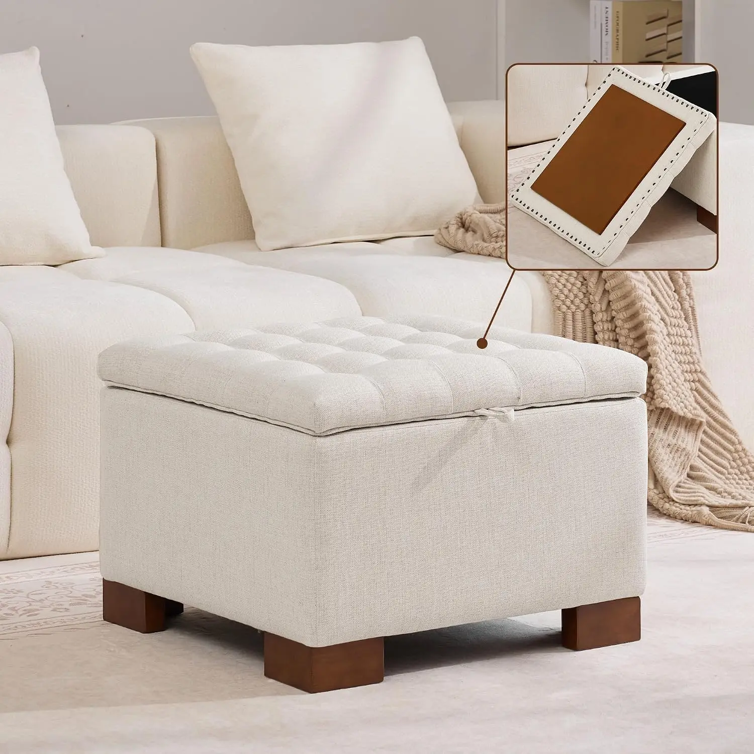 Square Fabric Storage Ottoman with Tray Top, Tufted Upholstered Footstool Coffee Table, Multifunctional Ottoman  Customized