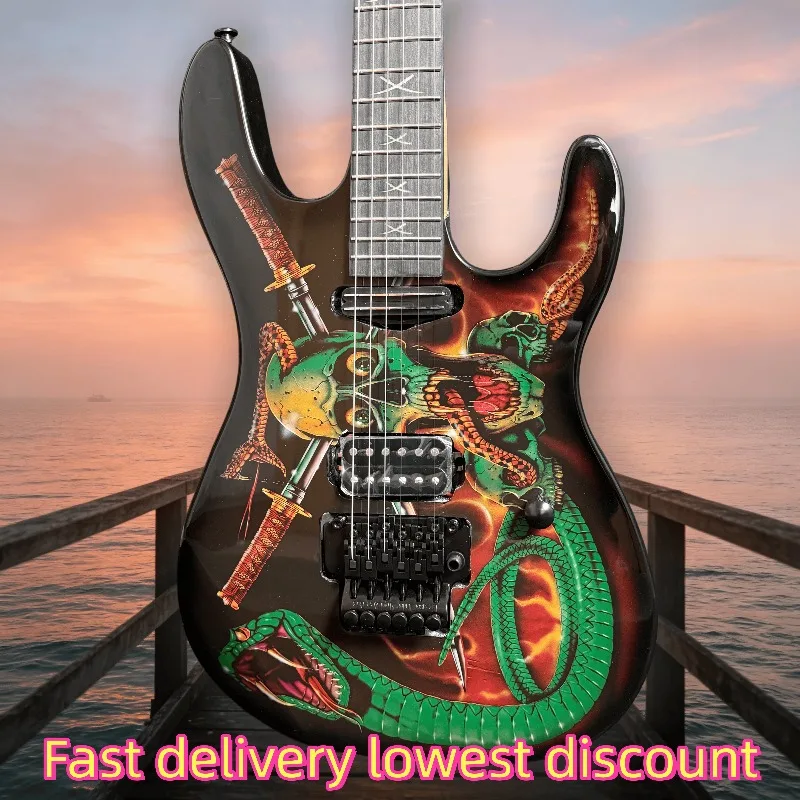 Hot Sales STX‑Style 6 String Electric Guitar Skull Snake Graphic HH Pickups Tremolo Bridge Metal Hard Rock Stage Performance