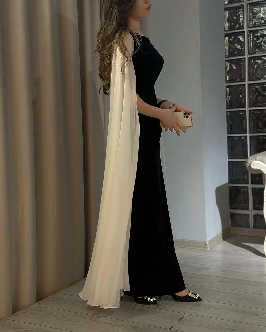 PuTao Black Vestidos Prom Dresses Saudi Arabia Women Wear Long Sleeves Evening Party Contrast Color Wedding Guest Dress