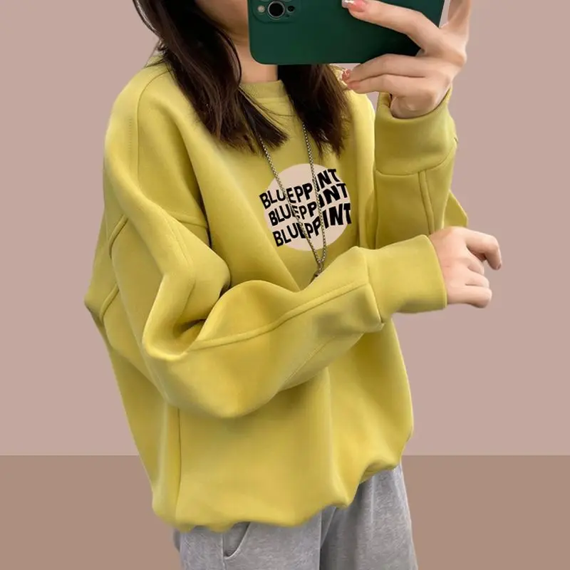 Letter Printing Autumn Winter Round Neck Solid Color Pullover Lantern Long Sleeve Casual Women\'s Clothing Hoodies Korean Tops