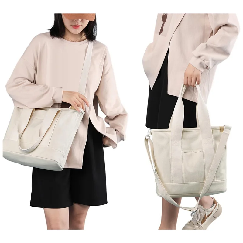 حقيبة يد ABQR متعددة الجيوب مع سحاب، حقيبة يد يابانية مصنوعة يدويًا من القماش مع مقصورات، متعددة الوظائف باللون الأبيض