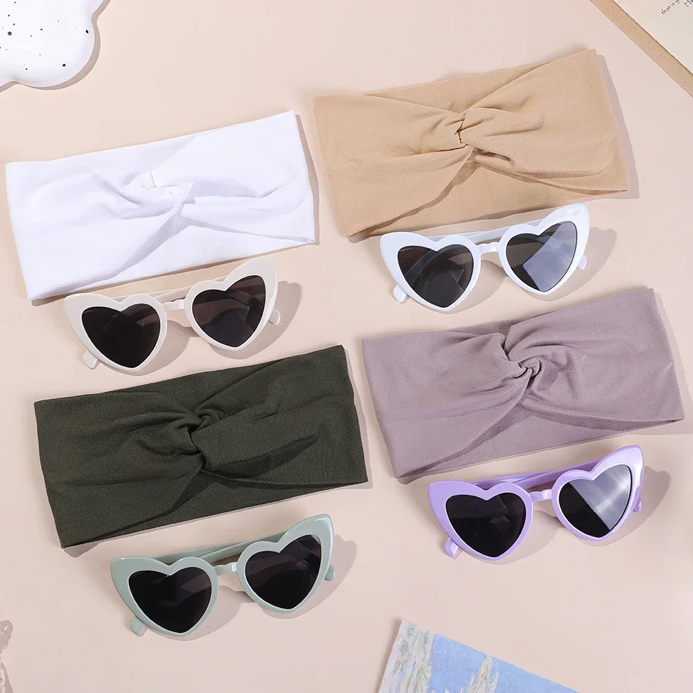 2 Sets Heart Fashion Sunglasses Sports Yoga Baby Headbands Boutique Sunglasses Newborn Boys Girls Headwear Nylon Hairbands Gift