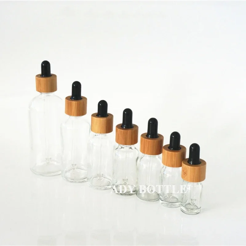 5/10/15/20/30/50/100ml Clear Empty Essential Oil Bottle Natural Bamboo Lid Black Rubber Head Dropper Cover Glass Containers