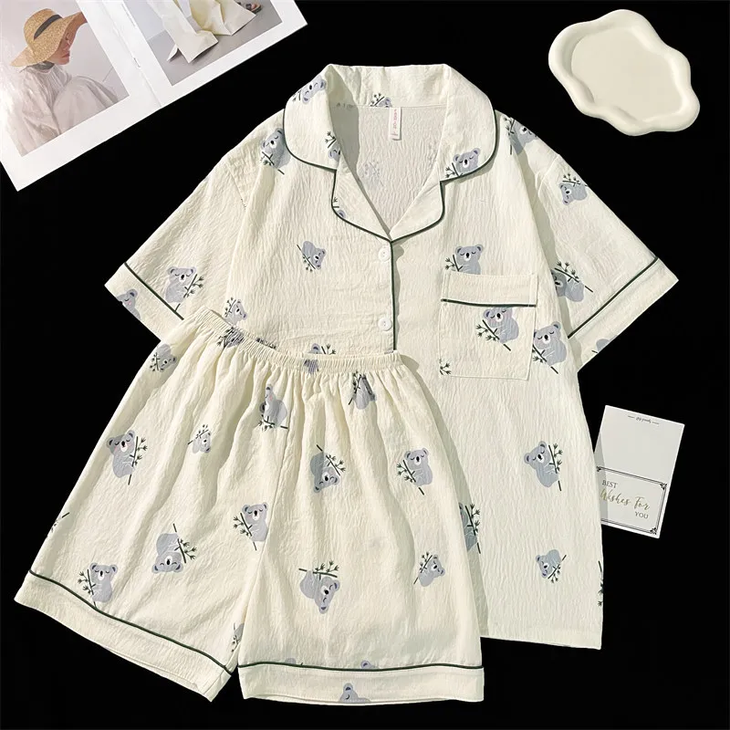 Women\'s Faux Cotton Pajamas Set Summer Cute Sleepwear 2 PCS Short Sleeve Tops and Shorts Soft Casual Cute Bear Printing Outfits