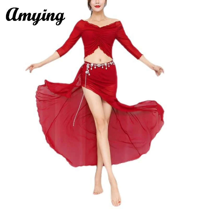 

New Women Belly Dance Practice Suit Tops+Long Dress Clothing Performance Practice Dress Set Adult Show Costumes skirt