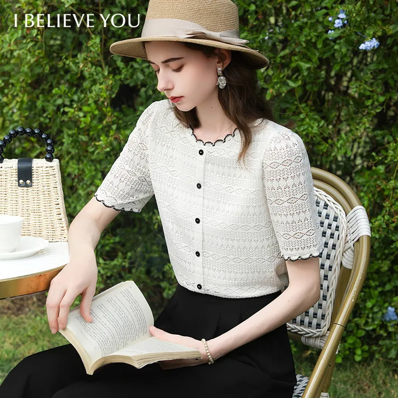 

I BELIEVE YOU Short Sleeve Round Neck Pullovers 2026 Summer New Contrast Color Hollow Lace Elegant Casual Women's Top 2261086315
