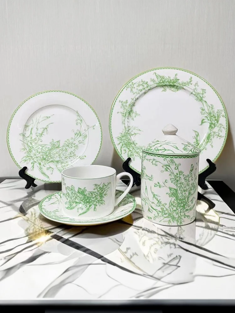 Jadeite Lily of the valley series bone china dinner plate afternoon tea coffee cup saucer sugar jar upscale banquet tableware