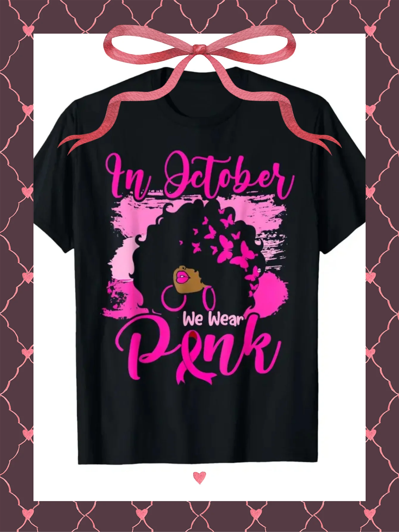 In October We Wear Pink Breast Cancer Awareness T-Shirt - Black with Pink Ribbon & Ribbon Bow Design, 100% Cotton Unisex Casual
