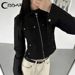 CIBBAR Punk Style Zip Up Jacket Patchwork Rivet Black Full Sleeve Cropped Jackets for Women y2k Vintage Outwear Streetwear Coats