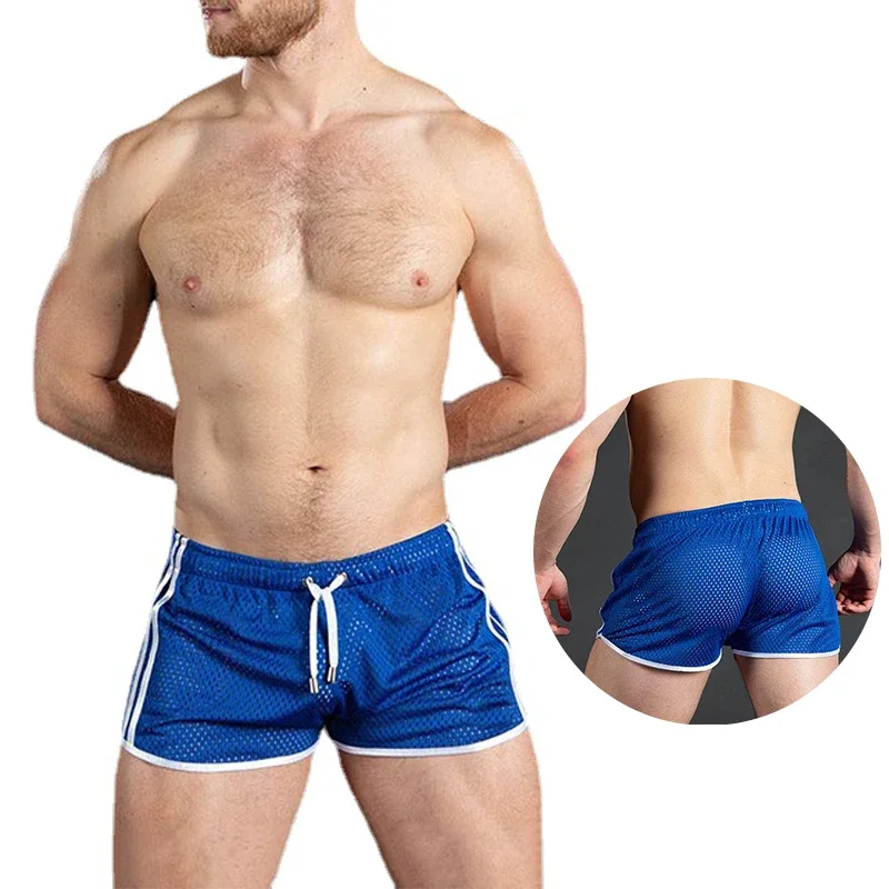 Pantalones cortos de entrepierna abierta para hombre, bragas de gimnasio Sexy, tablero de malla sin entrepierna, Gay, doble cremallera,