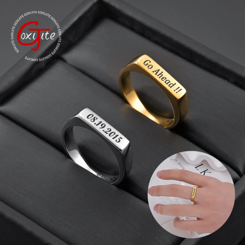 Goxijite Trendy Custom Name Text Long Rings For Women Stainless Steel Engraved Jewelry Couple Anniversary Gifts Wholesale