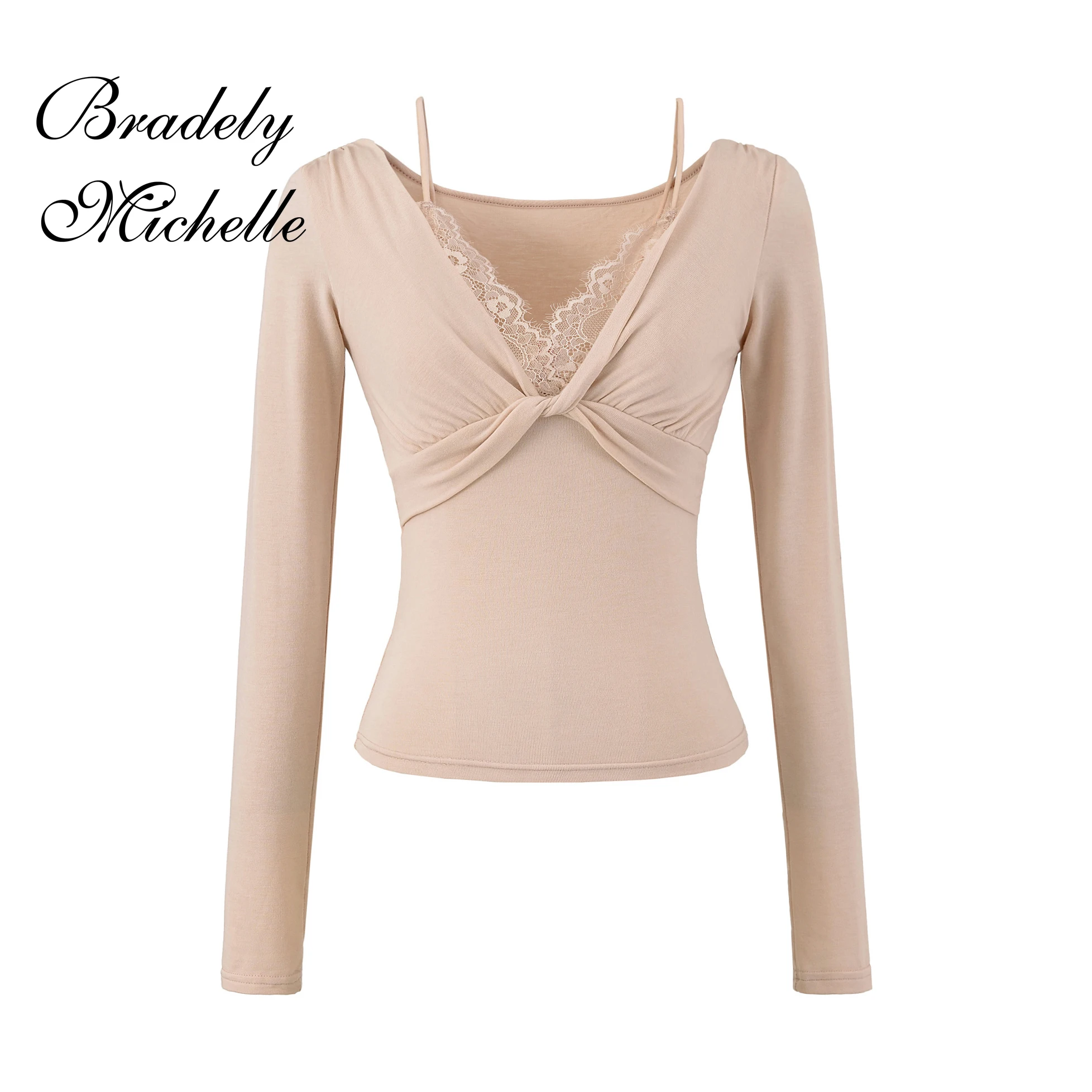 Lace V-neck Patchwork Long Sleeved Top Solid Fashion Clothing Stretch New Women Tops Sexy Pullover Bottoming Blouses T-shirt