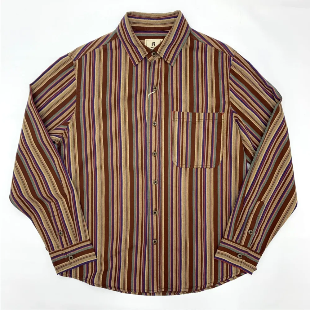 Mens Premium Twill Shirts Loose Fit Amikaki Ethnic Style Colorful Striped Shirt Long Sleeve Workshirt Cotton Workwear Jacket