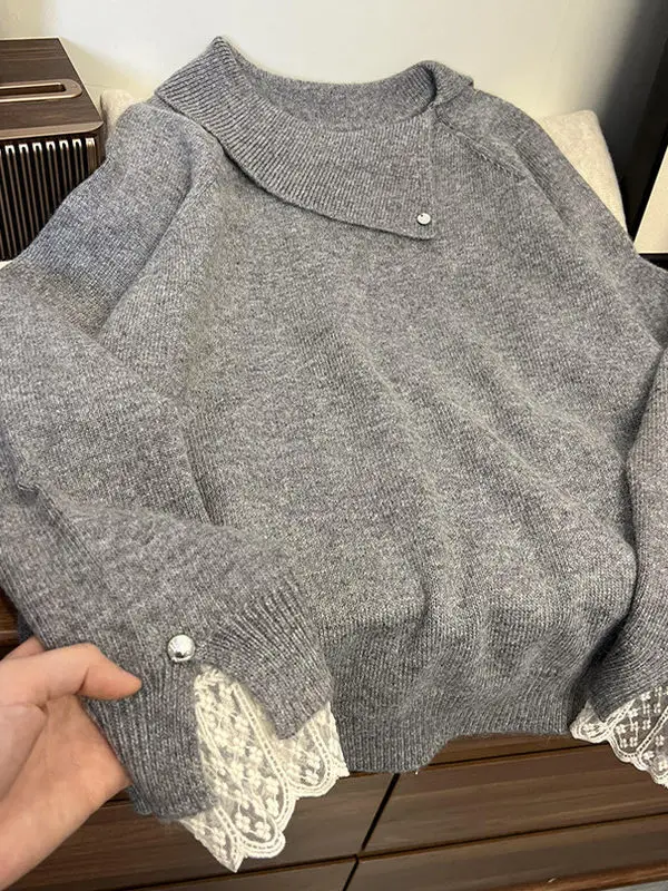 

Thiened Lace Inner Knitted Sweater Women Casual Design Artistic Versatile Large Size Sweater Spring Season Long Sve