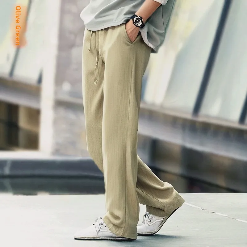 

Loose Fit Pure Linen Men's Casual Pants Straight Leg Thin Style Summer Breathable Elastic Waist Urban Fashion Trousers