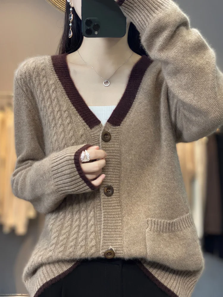 Women's V-neck Cardigans 100% Merino Wool Knitwear Autumn Winter Sweater Pockets Cashmere Color Blocked Fashion Clothing Tops