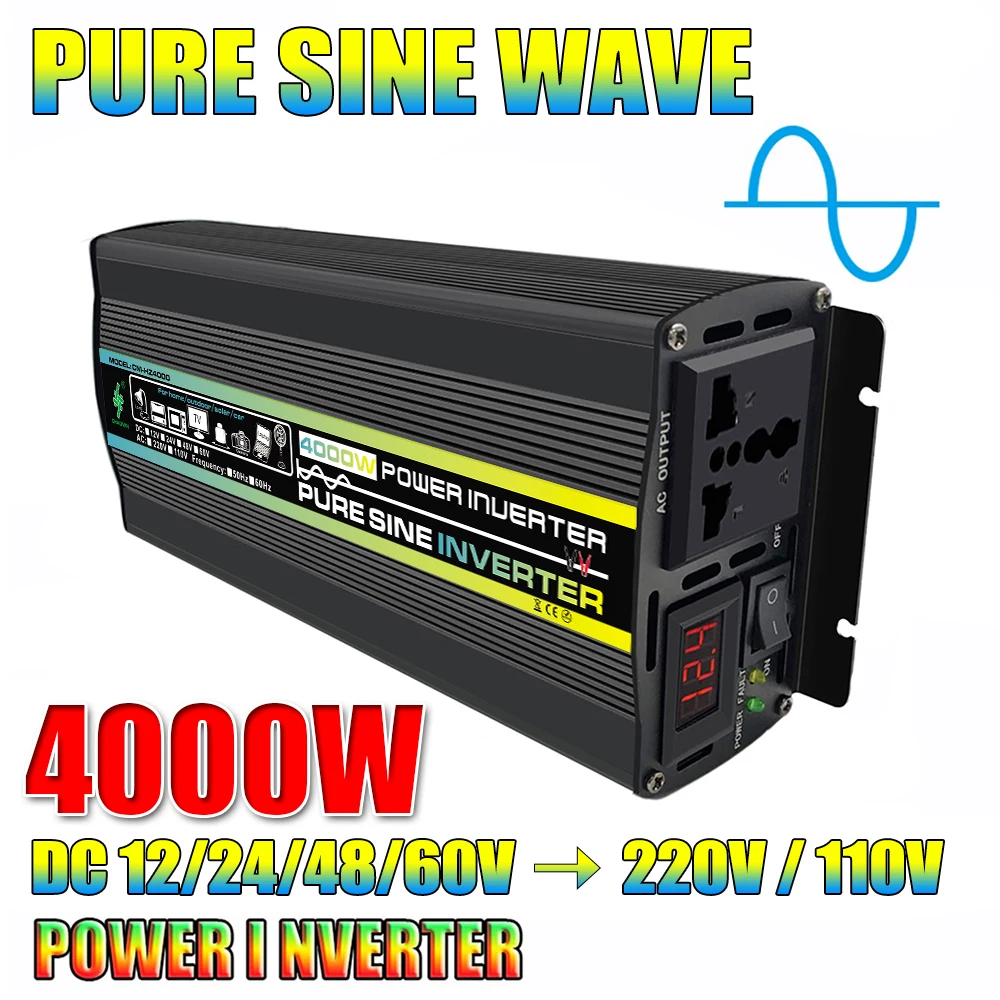 Pure Sine Wave Inverter,4000W Car Solar Inverter,DC12V 24V 48V 60V to 220V,Socket Transformer,Power Converter,Power Inverter