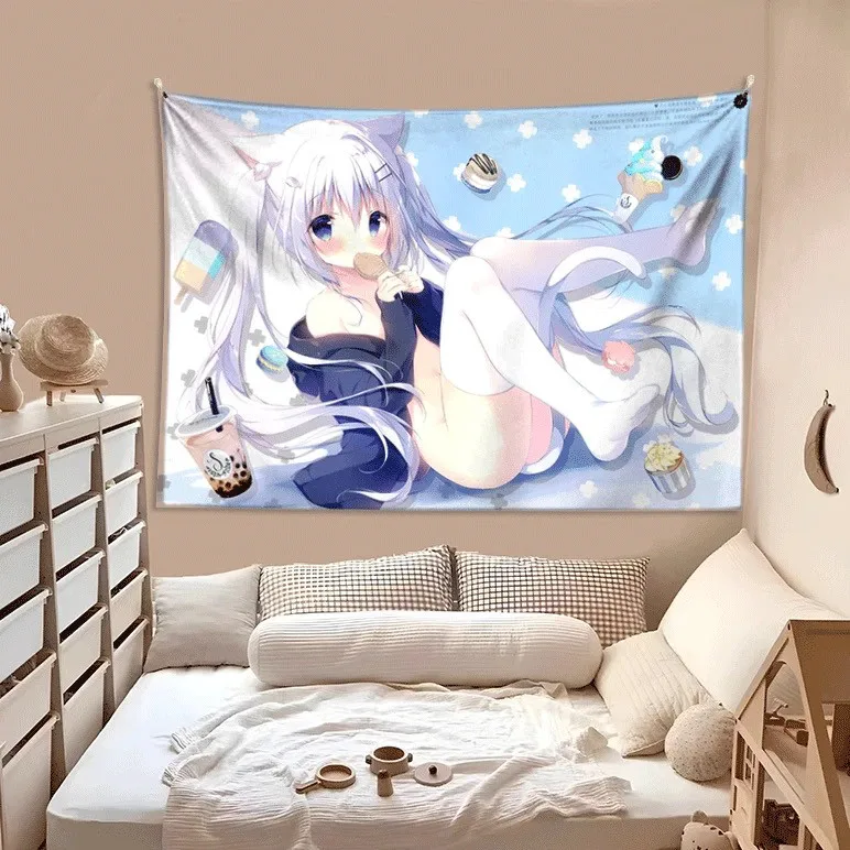 VIKAMA Kawaii Nekomimi Anime Girl Tapestry Twin Tail Cat Ear Dessert Bubble Tea Wall Hanging Sweet Girls Room Decor