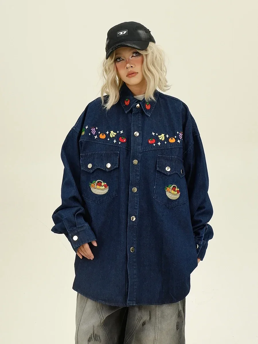 Fruit Embroidered Denim Shirts 2024 Autumn New Loose Bf American Retro Versatile Top Women