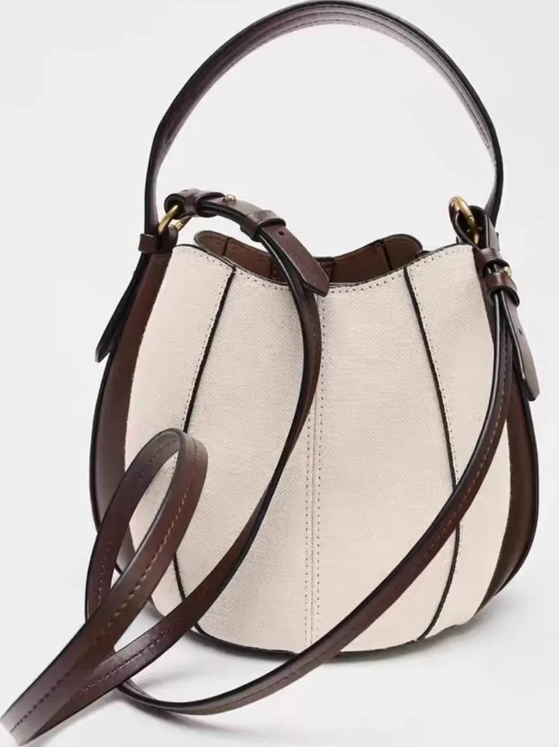 

Fashion Panelled Canvas Bucket Bag Designer Women Handbags Luxury Pu Leather Shoulder Crossbody Bags with Wide Strap Tote Purses