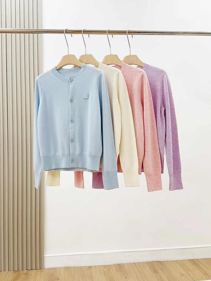 Classic Face 100 Wool Short round Neck Knitted Open Cardigan Women's Sweater Jacket Casual Loose Fit Long Sleeve