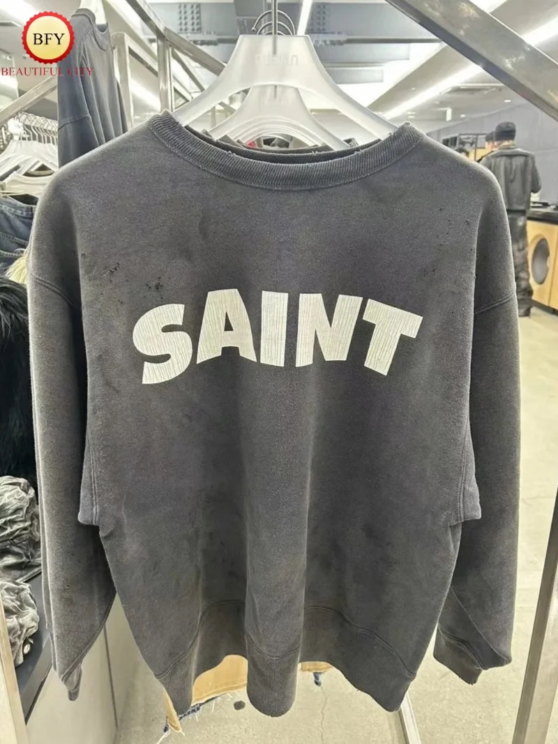 Destruction Vintage SAINT 24AW Long Sleeve Sweatshirt Latest Cotton Crew Neck Heavy Work Washed Mens Womens Sweatshirt