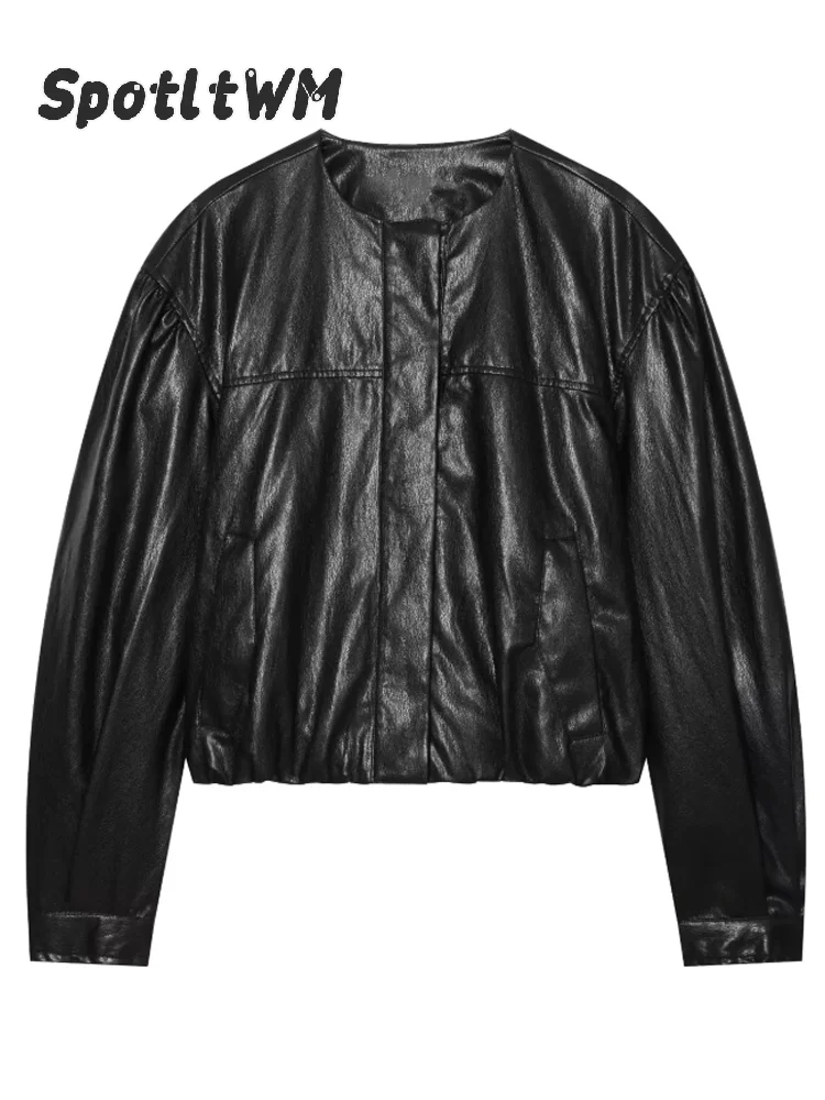 Women Black Faux Leather Jacket Crew Neck Zip Front Stitched Seam Pocket Elastic Ruched Hem Oversized Loose Cropped Moto Coat